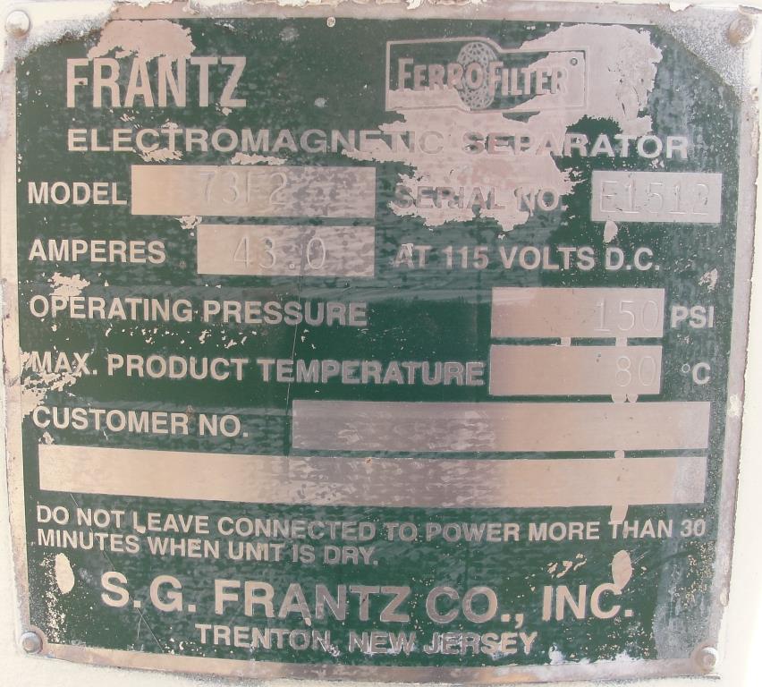 Filtration Equipment Model# 73F2 S.G. Frantz Company electro-magnetic separator, 1300-4000 gph flow capacity5