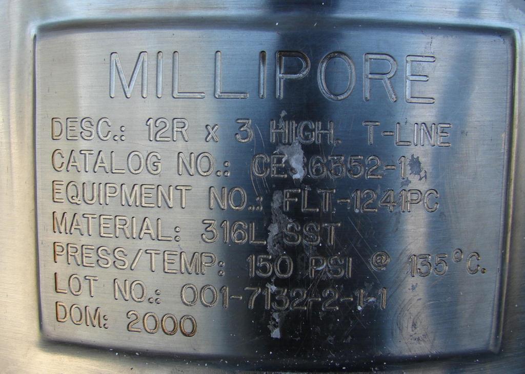Industrial Filters & Filtration Equipment 230 sqft Millipore cartridge filter model 12R x 3 high T-line, 316 SS4
