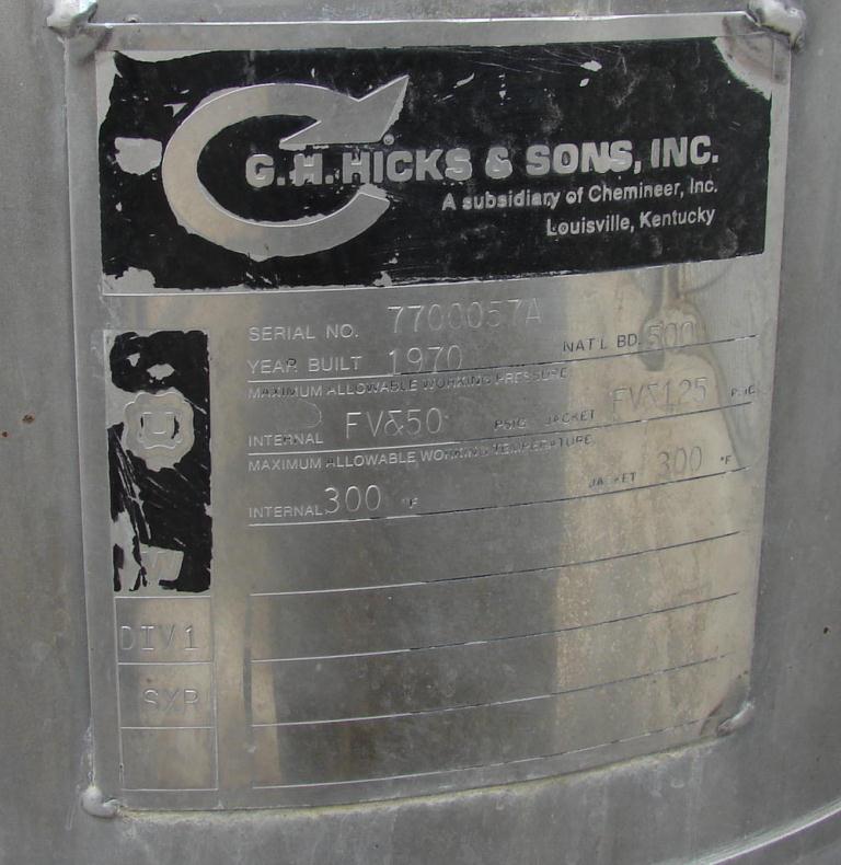Reactor 50 gallon HC Hicks & Sons chemical reactor, 50 psi internal, 125 psi jacket, 3/4 hp agitator4