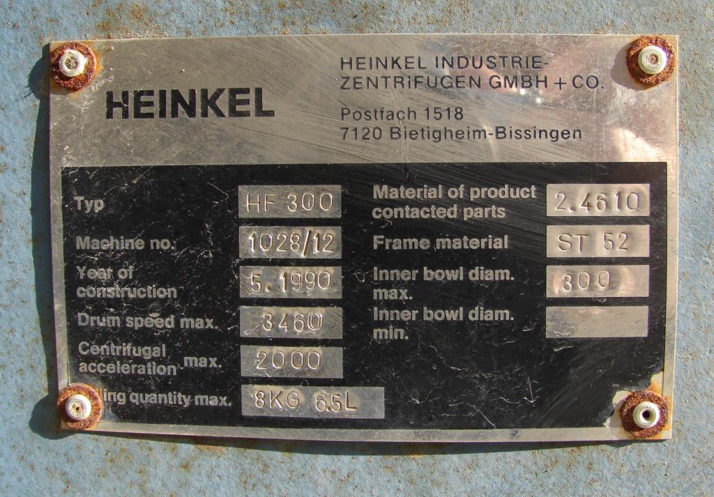 Centrifuge 300mm Heinkel inverting filter centrifuge model HF300, 3460 rpm, Hastalloy8