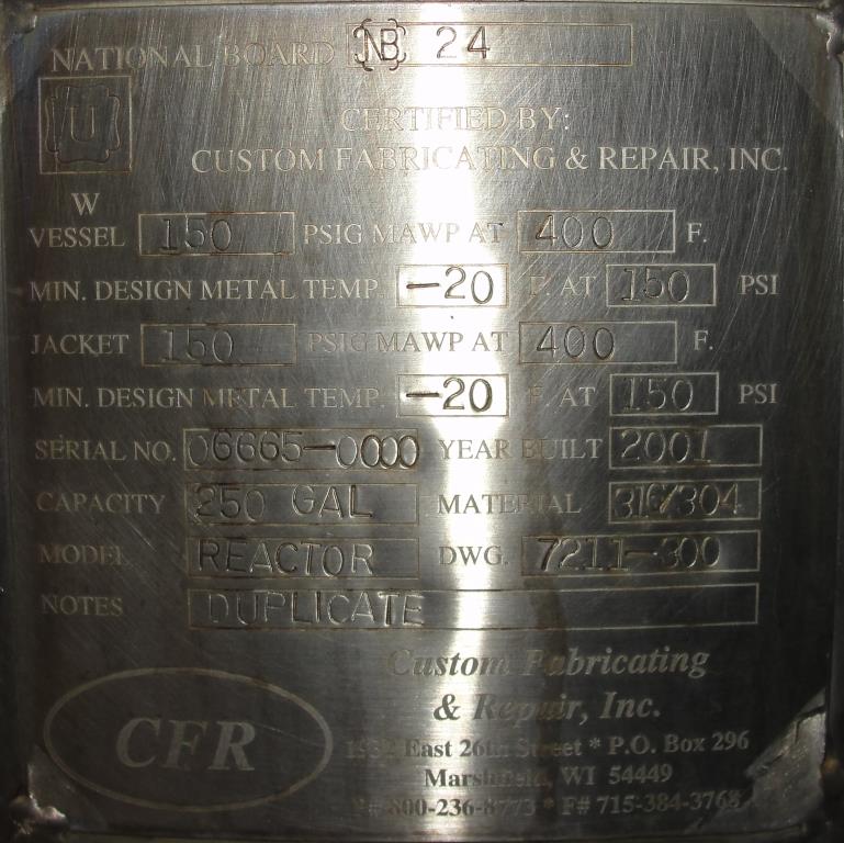 Reactor 250 gallon Custom Fabricating chemical reactor, 150 psi internal, 150 psi jacket8