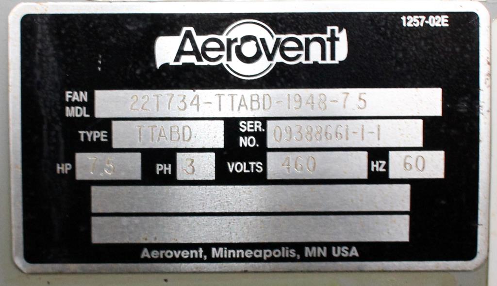 Blower 10101 cfm centrifugal fan Aerovent size 22 model 22 T734 TTABD, 7.5 hp, CS5