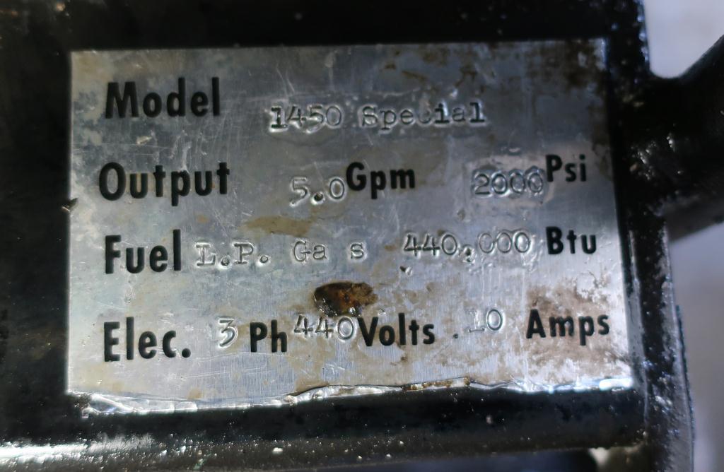 Miscellaneous Equipment Aaladin model 1450 pressure washer, 7.5 hp, 2000 psi, 5 gpm, 440,000 b.t.u.2