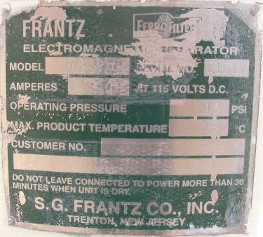 Filtration Equipment Model# 73F2 S.G. Frantz Company electro-magnetic separator, 1300-4000 gph flow capacity