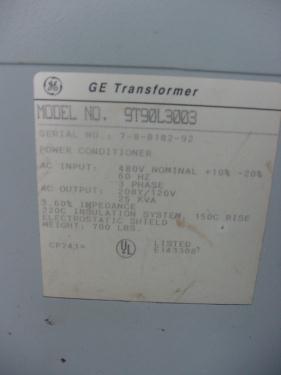 Transformers and Switchgear 25 kva GE dry transformer, 480 high voltage, 208Y/120 vac low voltage, 3 phase