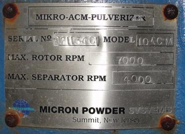 Pulverizer 10ACM Hosokawa Mikro pulverizer mill, 8 feed, CS, 10 hp