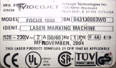 Coder VideoJet laser coder model Focus 1000