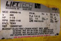Material Handling Equipment chain hoist, 2000 lbs. Budgit model 11689957, 10 chain
