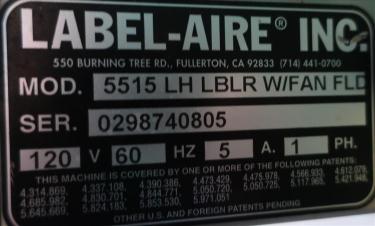 Labeler Label-aire pressure sensitive labeler model 5515 LH LBLR W/FAN FLC, wipe on