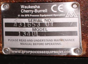 Pump 9 x 3.5 rectangle inlet Waukesha Cherry-Burrell positive displacement pump model 134 UL, 5 hp, Stainless Steel