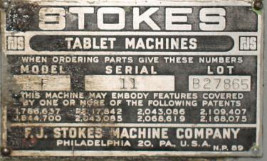 Press Stokes tablet press model F, 1 stations, 4 ton, 3/4 dia. x 11/16 dep. tablet size