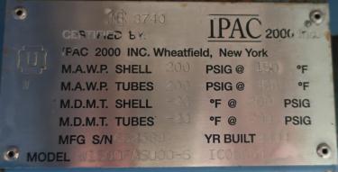 Heat Exchanger 93.2 sq.ft. Ipac 2000 Inc. shell and tube heat exchanger, 200 psi shell, 200 psi internal, 304 SS